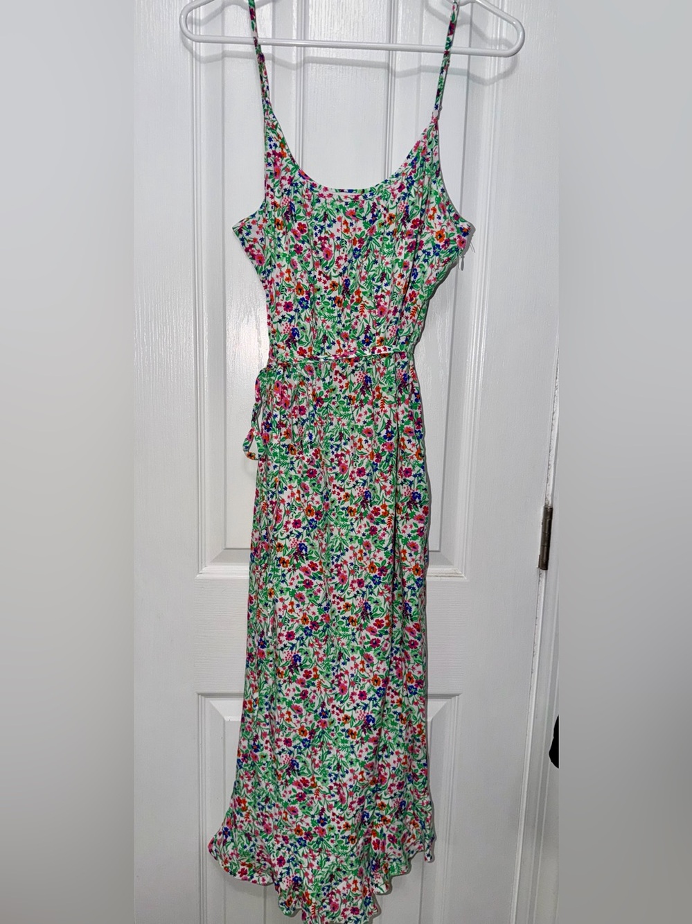 J. Crew Green Floral Midi Dress with Tie Waist